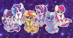 Size: 1500x786 | Tagged: safe, artist:dawnfire, imported from derpibooru, dj pon-3, octavia melody, roseluck, starlight glimmer, sunset shimmer, trixie, vinyl scratch, cute, cuteluck, diatrixes, glimmerbetes, shimmerbetes, space, tavibetes, vinylbetes