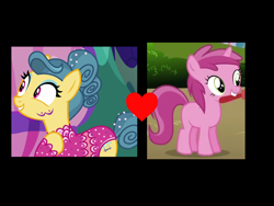 Size: 1280x960 | Tagged: safe, artist:nintendogameboy, imported from derpibooru, ruby pinch, trapeze star, earth pony, pony, unicorn, black background, crack shipping, female, filly, heart, lesbian, mare, pedophile, pedophilia, shipping, shipping domino, simple background, trapezepinch