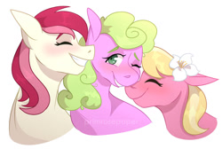 Size: 1280x858 | Tagged: safe, artist:primrosepaper, imported from derpibooru, daisy, flower wishes, lily, lily valley, roseluck, earth pony, pony, blushing, bust, female, flower trio, lesbian, mare, nuzzling, polyamory, polyflowers, shipping, simple background, trio, trio female, white background