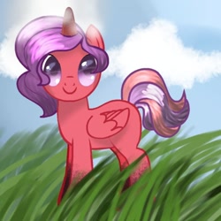 Size: 768x768 | Tagged: safe, artist:_meli.exe1388_, imported from derpibooru, oc, oc only, alicorn, pony, pony creator, alicorn oc, cloud, grass, horn, looking at you, outdoors, smiling, solo, wings