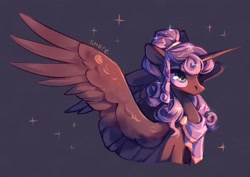 Size: 2048x1448 | Tagged: safe, artist:shore2020, idw, imported from derpibooru, princess luna, alicorn, pony, reflections, spoiler:comic, alternate hairstyle, artemis luna, curly hair, female, mare, mirror universe, solo, spread wings, wings