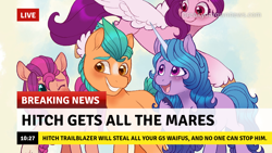 Size: 1280x720 | Tagged: safe, artist:guzzlord, edit, imported from derpibooru, hitch trailblazer, izzy moonbow, pipp petals, sunny starscout, earth pony, pegasus, pony, unicorn, break your own news, female, g5, harem, hitch gets all the mares, hitch trailblazer gets all the mares, hitchpipp, izzyhitch, lucky bastard, male, mare, meme, pipp, shipping, stallion, straight, sunnyhitch, waifu, waifu thief