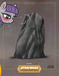 Size: 729x936 | Tagged: safe, artist:t72b, imported from derpibooru, maud pie, earth pony, pony, blushing, ear blush, rock, shitposting, solo, star wars, star wars: the high republic, that pony sure does love rocks, wat