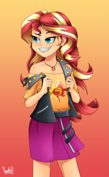 Size: 1543x2500 | Tagged: safe, artist:fadlihalimns, imported from derpibooru, sunset shimmer, equestria girls, clothes, cutie mark, cutie mark on clothes, female, geode of empathy, gradient background, human coloration, magical geodes, off shoulder, shirt, skirt, smiling, smug, smugset shimmer, solo, t-shirt, undressing, vest