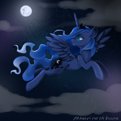 Size: 3543x3543 | Tagged: safe, artist:hikarinohibana, imported from derpibooru, princess luna, alicorn, pony, cloud, colored pupils, female, flying, high res, mare, moon, night, profile, sky, solo, spread wings, stars, wings