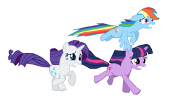 Size: 1204x721 | Tagged: safe, artist:benpictures1, imported from derpibooru, rainbow dash, rarity, twilight sparkle, pegasus, pony, unicorn, dragon quest, female, floppy ears, flying, gritted teeth, inkscape, running, simple background, teeth, trio, trio female, unicorn twilight, vector, white background