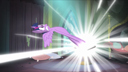 Size: 1136x640 | Tagged: safe, imported from derpibooru, screencap, twilight sparkle, alicorn, pony, power ponies (episode), season 4, book, comic book, cute, faic, female, great moments in animation, gritted teeth, portal, smear frame, solo, teeth, twiabetes, twilight sparkle (alicorn)