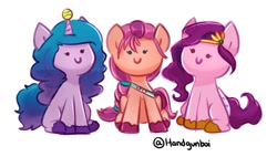 Size: 1500x850 | Tagged: safe, artist:handgunboi, imported from derpibooru, izzy moonbow, pipp petals, sunny starscout, earth pony, pegasus, pony, unicorn, spoiler:g5, ball, braid, c:, cute, female, g5, horn, horn guard, horn impalement, hornball, izzy's tennis ball, signature, simple background, smiling, tennis ball, unshorn fetlocks, white background