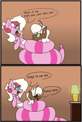 Size: 1069x1587 | Tagged: safe, artist:stemthebug, imported from derpibooru, oc, oc:aurora wind, oc:stem bedstraw, insect, lamia, moth, mothpony, original species, pony, snake, snake pony, comic, distracted, hypnosis, lamp, object