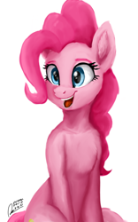 Size: 1600x2560 | Tagged: safe, artist:raphaeldavid, imported from derpibooru, pinkie pie, earth pony, pony, chest fluff, ear fluff, happy, looking at something, signature, simple background, solo, white background