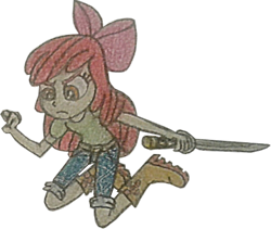 Size: 1600x1352 | Tagged: safe, artist:jebens1, artist:therandomone95, imported from derpibooru, apple bloom, equestria girls, angry, apple bloom's bow, boots, bow, clothes, cropped, hair bow, jeans, leaping, looking down, martial arts, pants, shirt, shoes, simple background, solo, sword, transparent background, weapon