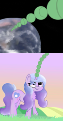 Size: 2590x4967 | Tagged: safe, artist:coffeeponee, imported from derpibooru, izzy moonbow, pony, unicorn, ball, chest fluff, cute, earth, female, g5, grass, happy, high res, horn, horn guard, horn impalement, hornball, izzy's tennis ball, mare, planet, scenery, solo, space, tennis ball, that pony sure does love tennis balls