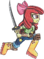 Size: 1800x2398 | Tagged: safe, artist:bozzerkazooers, artist:therandomone95, imported from derpibooru, apple bloom, equestria girls, angry, boots, clothes, cropped, jeans, knee pads, martial arts, pants, shoes, simple background, solo, sword, transparent background, weapon