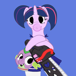 Size: 1500x1500 | Tagged: safe, artist:spagootispootis, imported from derpibooru, spike, twilight sparkle, dragon, pony, bipedal, blowing bubblegum, bubblegum, chainsaw, cheerleader, disembodied head, female, food, gum, lollipop chainsaw, male, mare, shipping, straight, twispike