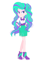 Size: 1280x1708 | Tagged: safe, artist:ocean-drop, imported from derpibooru, oc, oc only, oc:radiance, dracony, dragon, hybrid, pony, equestria girls, bedroom eyes, boots, button-up shirt, clothes, female, hand on hip, high heel boots, interspecies offspring, offspring, parent:rarity, parent:spike, parents:sparity, shoes, simple background, skirt, solo, transparent background