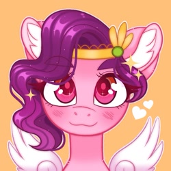 Size: 775x775 | Tagged: safe, artist:duskinova, imported from derpibooru, pipp petals, pegasus, pony, adorapipp, blushing, bust, cute, ear fluff, female, g5, heart, looking at you, mare, orange background, pipp, portrait, simple background, smiling, solo