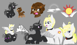 Size: 1159x690 | Tagged: safe, artist:jolliapplegirl, imported from derpibooru, oc, oc:hazel drop, oc:moonlight sonata, oc:winter star, earth pony, pegasus, pony, unicorn, collar, cowlick, cutie mark, female, freckles, insurgency; fall of an empire, male, mare, scar, stallion