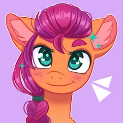 Size: 775x775 | Tagged: safe, artist:duskinova, imported from derpibooru, sunny starscout, earth pony, pony, blushing, braid, bust, cute, ear fluff, female, g5, looking at you, mare, portrait, purple background, simple background, smiling, solo, sunnybetes