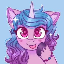 Size: 775x775 | Tagged: safe, artist:duskinova, imported from derpibooru, izzy moonbow, pony, unicorn, blue background, blushing, bracelet, bust, cute, ear fluff, female, g5, izzybetes, jewelry, looking at you, mare, portrait, raised hoof, simple background, solo, tongue out, unshorn fetlocks