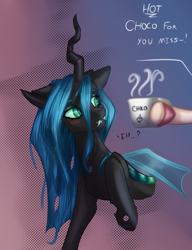 Size: 2340x3040 | Tagged: safe, artist:sugarypolecat, imported from derpibooru, queen chrysalis, changeling, changeling queen, pony, blushing, dark skin, fangs, female, green eyes, horn, text, wings