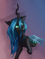 Size: 2340x3040 | Tagged: source needed, safe, artist:sugarypolecat, imported from derpibooru, queen chrysalis, changeling, changeling queen, pony, blushing, dark skin, fangs, female, green eyes, horn, solo, wings