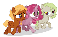 Size: 1024x653 | Tagged: safe, artist:spectrumnightyt, imported from derpibooru, oc, oc:daily adventure, oc:mint tulip, oc:rose coneflower, earth pony, pegasus, pony, unicorn, female, filly, offspring, parent:apple bloom, parent:button mash, parent:chipcutter, parent:pipsqueak, parent:scootaloo, parent:sweetie belle, parents:chipbloom, parents:scootamash, parents:sweetiesqueak, simple background, transparent background