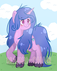 Size: 4375x5400 | Tagged: dead source, safe, artist:cherritoppu, artist:mainii-chan, imported from derpibooru, izzy moonbow, pony, unicorn, absurd resolution, blushing, bracelet, cloud, female, g5, grass, jewelry, mare, raised hoof, sky, smiling, solo, text, unshorn fetlocks