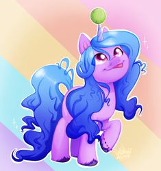 Size: 1926x2048 | Tagged: safe, artist:yokaiihime, imported from derpibooru, izzy moonbow, pony, unicorn, abstract background, ball, bracelet, female, g5, horn, horn guard, horn impalement, hornball, izzy's tennis ball, jewelry, looking up, mare, rainbow, raised hoof, silly, silly pony, solo, tennis ball, tongue out, unshorn fetlocks