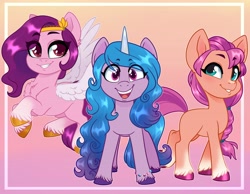 Size: 4096x3186 | Tagged: safe, artist:annakitsun3, imported from derpibooru, izzy moonbow, pipp petals, sunny starscout, earth pony, pegasus, pony, unicorn, adorapipp, bracelet, braid, chest fluff, cute, female, g5, gradient background, grin, izzybetes, jewelry, looking at you, mare, open mouth, pipp, smiling, sunnybetes, teeth, unshorn fetlocks, wings