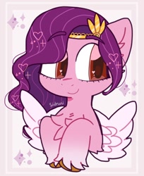 Size: 790x970 | Tagged: safe, artist:ocado7, artist:sidruni, imported from derpibooru, pipp petals, pegasus, pony, abstract background, adorapipp, chest fluff, cute, female, g5, mare, pipp, raised hoof, signature, smiling, solo, spread wings, unshorn fetlocks, wings