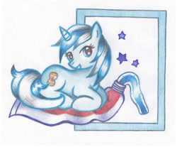 Size: 1138x940 | Tagged: safe, artist:miyukikyki, imported from derpibooru, minuette, pony, unicorn, colored pencil drawing, simple background, solo, toothpaste, traditional art, white background