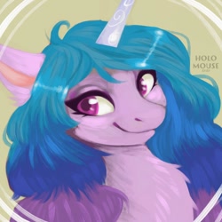 Size: 1000x1000 | Tagged: safe, artist:holomouse, imported from derpibooru, izzy moonbow, pony, unicorn, bust, chest fluff, cute, female, g5, izzybetes, mare, smiling, solo