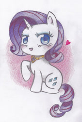 Size: 667x987 | Tagged: safe, artist:miyukikyki, imported from derpibooru, rarity, pony, unicorn, chibi, colored pencil drawing, element of generosity, female, floating heart, heart, looking at you, open mouth, raised hoof, sitting, solo, traditional art
