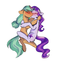 Size: 1772x1772 | Tagged: safe, artist:gallantserver, imported from derpibooru, oc, oc only, oc:frostbite, oc:saccharine, earth pony, pony, unicorn, blushing, female, kiss on the lips, kissing, lesbian, magical lesbian spawn, mare, offspring, parent:apple brown betty, parent:aria blaze, simple background, transparent background