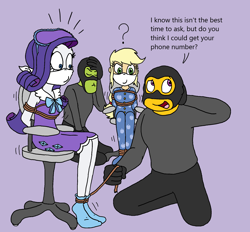 Size: 1732x1607 | Tagged: safe, artist:bugssonicx, imported from derpibooru, applejack, rarity, equestria girls, bondage, bound and gagged, cloth gag, clothes, facepalm, female, footed sleeper, footie pajamas, gag, help us, nightgown, onesie, otn gag, over the nose gag, pajamas, question mark, robbery, rope, rope bondage, sleep mask, sleepover, slumber party, socks, tied to chair, tied up