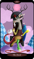 Size: 1500x2591 | Tagged: safe, artist:sixes&sevens, imported from derpibooru, part of a set, discord, draconequus, chaos, chocolate, chocolate milk, cloud, cotton candy, cotton candy cloud, crossed legs, discord's throne, discorded landscape, food, leash, major arcana, male, milk, one eye closed, part of a series, sitting, snapping, solo, tarot card, the devil