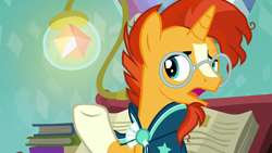 Size: 1920x1080 | Tagged: safe, imported from derpibooru, screencap, sunburst, pony, unicorn, the crystalling, clothes, glasses, male, open mouth, raised hoof, robe, solo, stallion, sunburst's cloak, sunburst's glasses, sunburst's robe