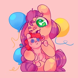 Size: 2000x2000 | Tagged: safe, artist:cocopudu, imported from derpibooru, pinkie pie, sunny starscout, earth pony, pony, balloon, blushing, cute, female, g5, happy, high res, mare, one eye closed, open mouth, pink background, plushie, simple background, sitting, smiling, solo, sunnybetes, white pupils