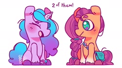 Size: 2000x1125 | Tagged: safe, artist:cocopudu, imported from derpibooru, izzy moonbow, sunny starscout, earth pony, pony, unicorn, badge, bag, blushing, bracelet, braid, cute, dialogue, duo, eyes closed, female, g5, izzybetes, jewelry, mare, open mouth, simple background, sitting, sunnybetes, text, unshorn fetlocks, white background
