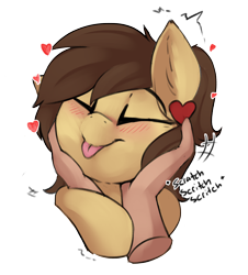 Size: 2226x2457 | Tagged: safe, alternate version, artist:beardie, imported from derpibooru, part of a set, oc, oc only, oc:retro hearts, human, pegasus, pony, :p, alternate character, beardies scritching ponies, blushing, commission, disembodied hand, eyes closed, female, hand, happy, heart, mare, petting, piercing, ponytail, smiling, tongue out, ych result