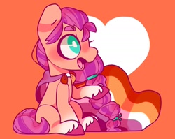 Size: 2000x1590 | Tagged: safe, artist:cocopudu, imported from derpibooru, sunny starscout, earth pony, pony, abstract background, blushing, braid, cape, clothes, cute, female, g5, headcanon, heart, lesbian pride flag, lgbt headcanon, mare, open mouth, pride, pride flag, raised hoof, sexuality headcanon, sitting, solo, sunnybetes, unshorn fetlocks, white pupils