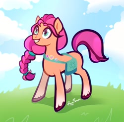Size: 1900x1880 | Tagged: safe, artist:s_roxxxy, imported from derpibooru, sunny starscout, earth pony, pony, badge, bag, braid, cloud, cute, female, g5, grass, grin, mare, signature, sky, smiling, solo, sunnybetes, teeth, unshorn fetlocks