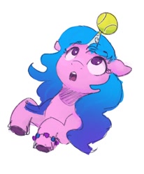 Size: 742x900 | Tagged: safe, artist:thefloatingtree, imported from derpibooru, izzy moonbow, pony, unicorn, ball, bracelet, female, floppy ears, g5, horn, horn guard, horn impalement, hornball, izzy's tennis ball, jewelry, looking up, magic tennis ball of friendship, mare, open mouth, raised hoof, simple background, solo, tennis ball, unshorn fetlocks, white background