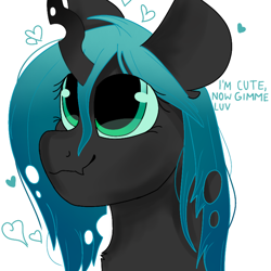 Size: 768x768 | Tagged: safe, artist:valkiria, imported from derpibooru, queen chrysalis, alicorn, changeling, changeling queen, cute, cutealis, daaaaaaaaaaaw, female, floppy ears, heart, horn, simple background, solo, talking to viewer, white background