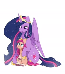 Size: 1812x2048 | Tagged: safe, artist:pineappleartz, imported from derpibooru, sunny starscout, twilight sparkle, alicorn, earth pony, pony, the last problem, braid, female, g5, jewelry, looking at each other, mare, older, older twilight, princess twilight 2.0, raised hoof, regalia, simple background, sitting, smiling, sunny and her heroine, twilight sparkle (alicorn), unshorn fetlocks, white background, wings