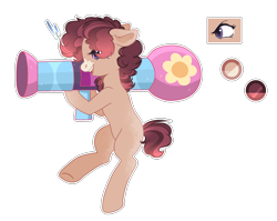 Size: 2888x2296 | Tagged: safe, artist:magicallightsentryyt, imported from derpibooru, oc, oc only, oc:cherry cupcake, earth pony, pony, base used, coat markings, facial markings, female, mare, offspring, parent:cheese sandwich, parent:pinkie pie, parents:cheesepie, party bazooka, rocket, rocket launcher, simple background, snip (coat marking), solo, transparent background