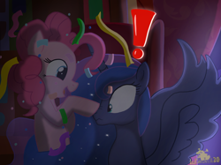 Size: 2732x2048 | Tagged: safe, artist:lordshrekzilla20, imported from derpibooru, pinkie pie, princess luna, fanfic:the one true king, boop, cute, diapinkes, exclamation point, fanfic art, party, story included, surprised