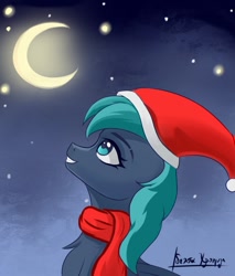 Size: 922x1080 | Tagged: safe, artist:delta hronum, imported from derpibooru, oc, oc only, oc:tria hronum, earth pony, pegasus, pony, christmas, clothes, earth pony oc, feather, female, hat, holiday, mare, moon, pegasus oc, santa hat, scarf, solo, stargazing, wings