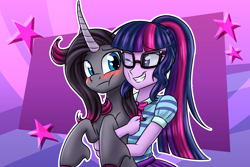 Size: 1800x1200 | Tagged: safe, artist:redahfuhrerking, imported from derpibooru, oleander, sci-twi, twilight sparkle, classical unicorn, pony, unicorn, them's fightin' herds, equestria girls, :t, blushing, cheek squish, cloven hooves, community related, cute, female, grin, holding a pony, hug, leonine tail, oleander (tfh), oleander is not amused, oleandere, one eye closed, smiling, squishy cheeks, tsundere, twiabetes, unshorn fetlocks