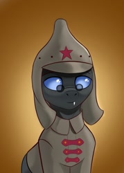 Size: 1000x1400 | Tagged: safe, artist:delta hronum, imported from derpibooru, oc, oc only, oc:gold muffin, changeling, budenovka, changeling oc, clothes, cute, hat, looking at you, male, military uniform, red army, solo, soviet union, uniform